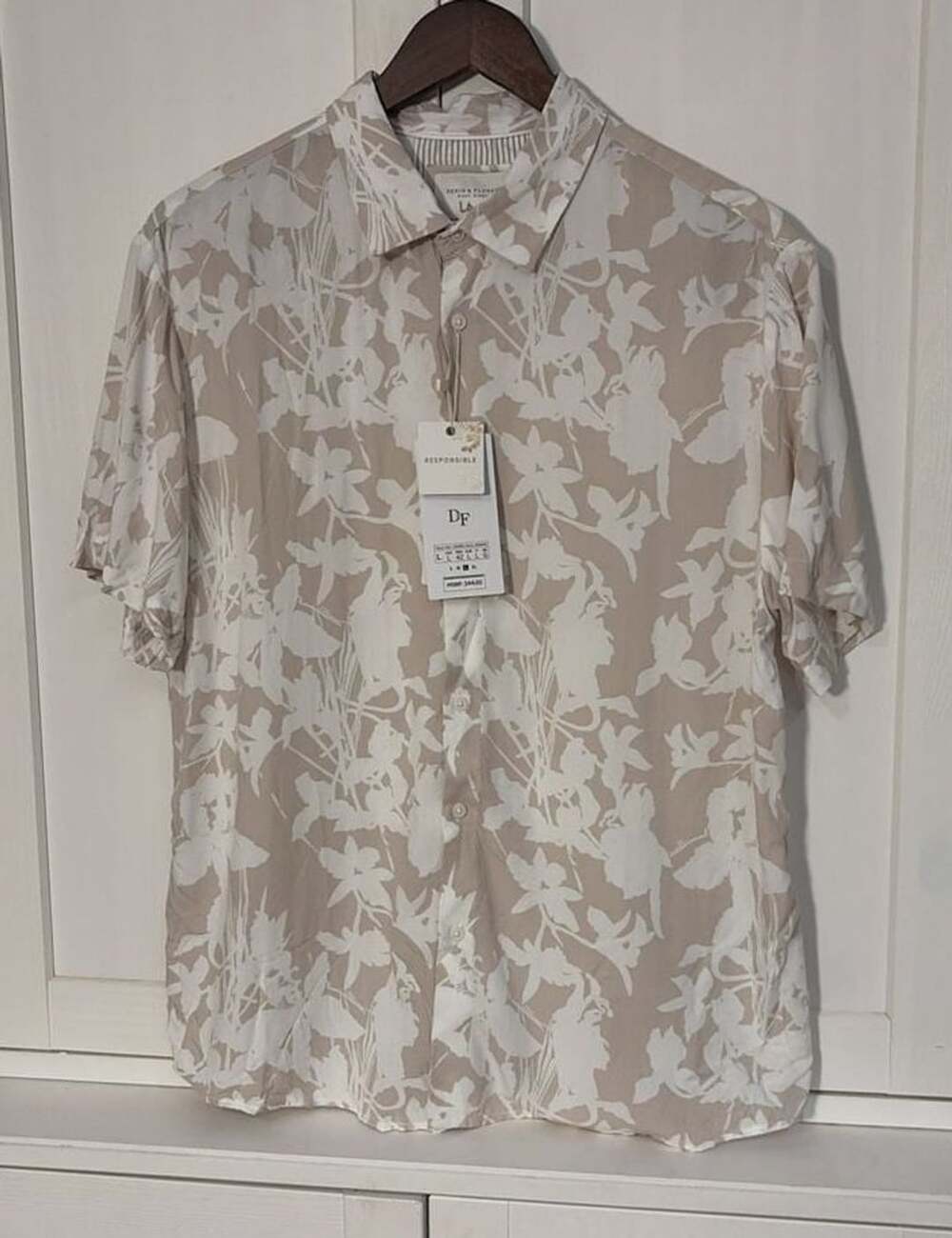 Denim & Flower Men’s Short Sleeve Button Up Shirt Size L Beige Floral Print